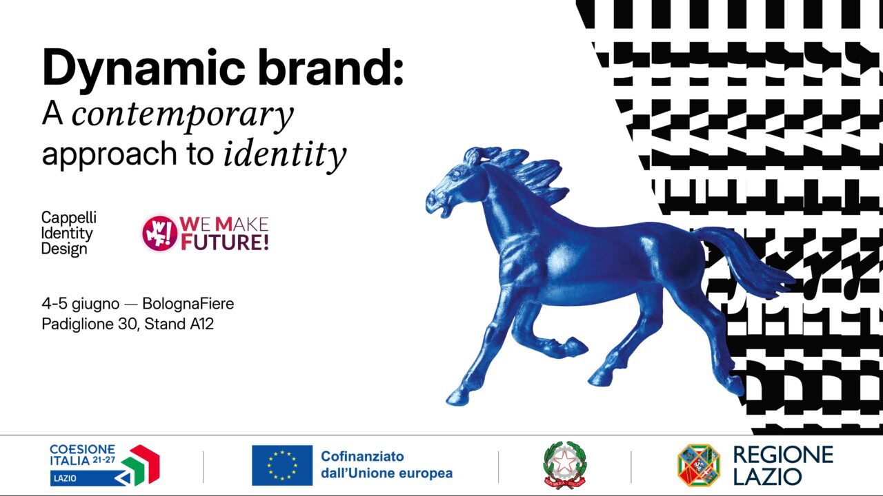 Visual del talk “Dynamic brand” di Cappelli Identity Design al We Make Future 2025: cavallo blu in corsa, grafica dinamica, info evento BolognaFiere 4-5 giugno, Pad. 30 Stand A12. Cofinanziato UE, Regione Lazio.